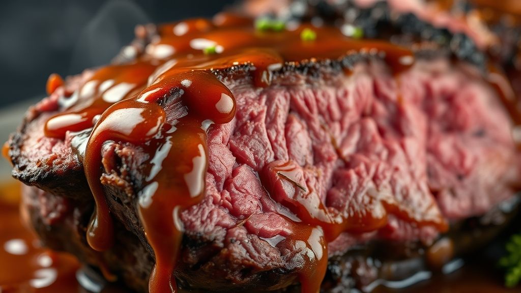 Close-up do assado fatiado com molho escorrendo, destacando a textura suculenta da carne e o brilho do molho