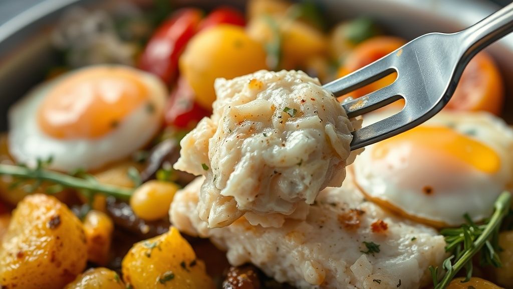 Close-up do bacalhau cozido com azeite e legumes coloridos, destacando a textura e o brilho do prato.