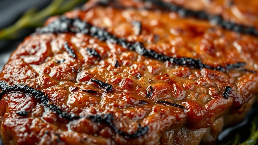 Close-up do bife frito no azeite de oliva mostrando crosta dourada e suculência.