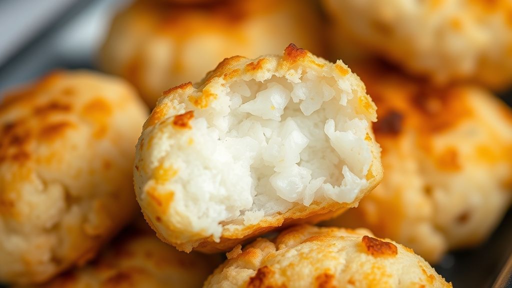 Close-up de um bolinho partido ao meio mostrando o interior macio e leve contraste com a casquinha crocante dourada.