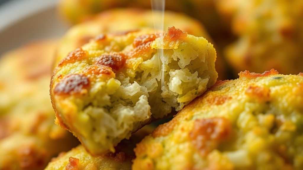 Close-up mostrando a textura crocante do bolinho de banana verde e o interior macio