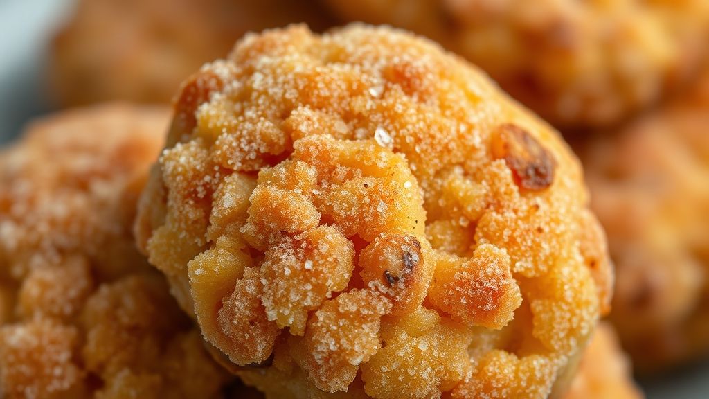 Close-up mostrando o interior fofo e casquinha dourada de um bolinho de chuva polvilhado com açúcar e canela