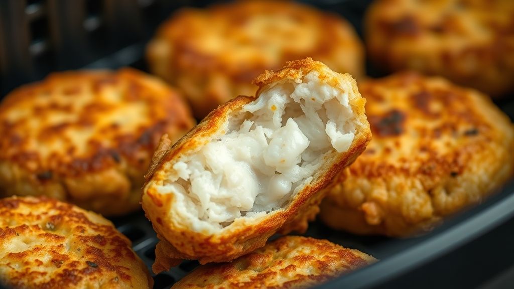 Close-up mostrando o interior macio e a casquinha crocante do bolinho de tilápia