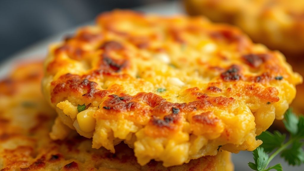 Close-up de um bolinho crocante aberto mostrando o interior macio de milho.