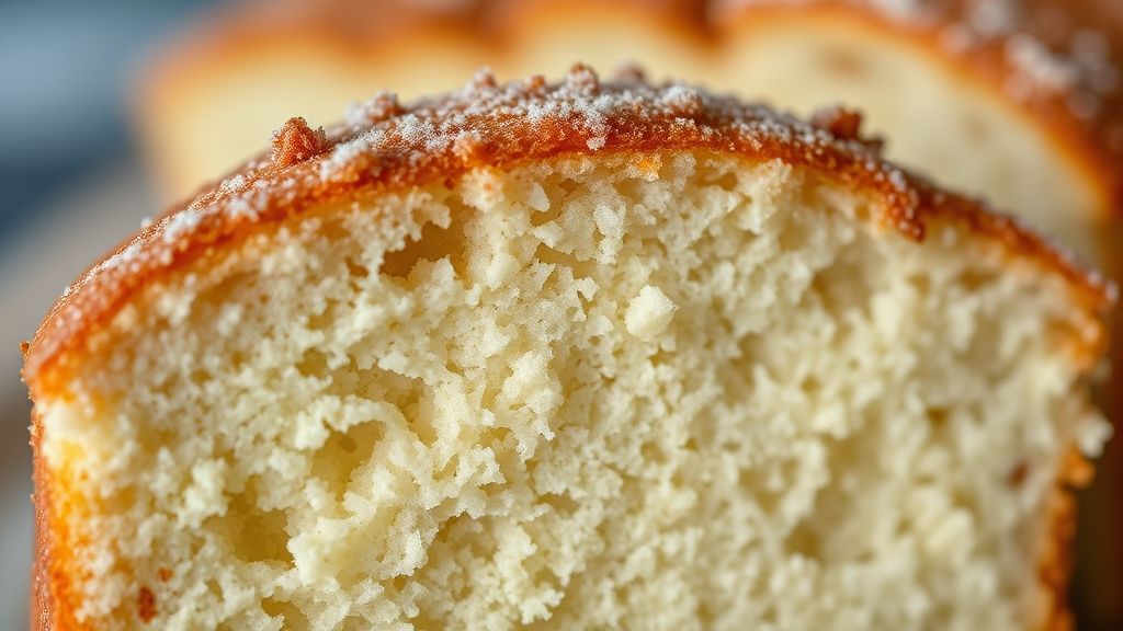 Close-up do bolo caseiro simples cortado, mostrando a textura fofa e dourada com cobertura de açúcar e canela