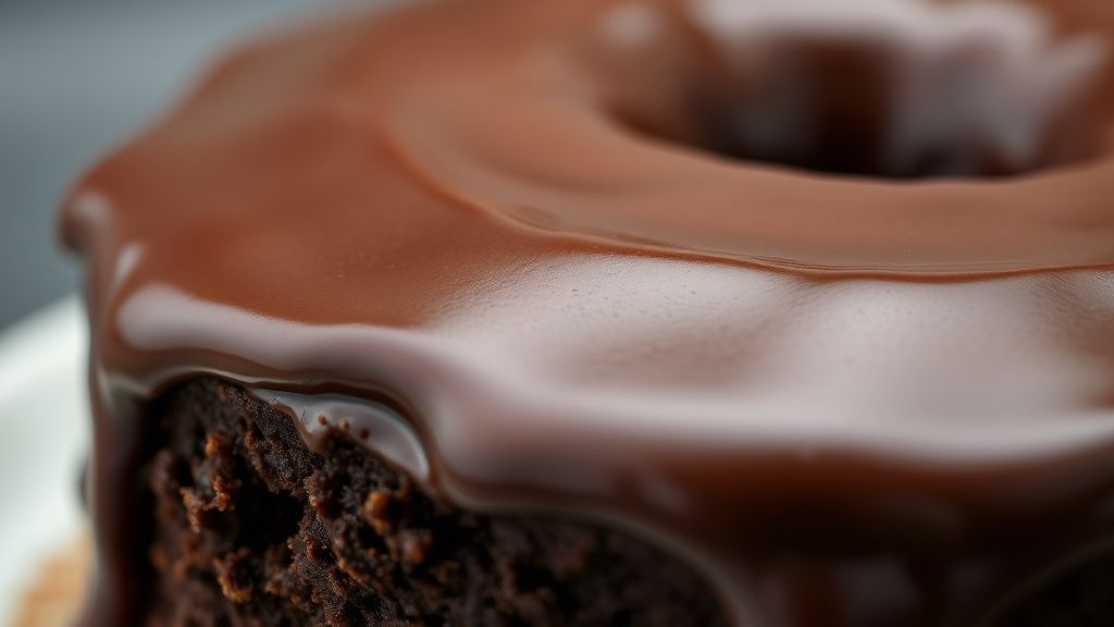 Close-up da fatia de bolo de chocolate úmido com cobertura brilhante de calda