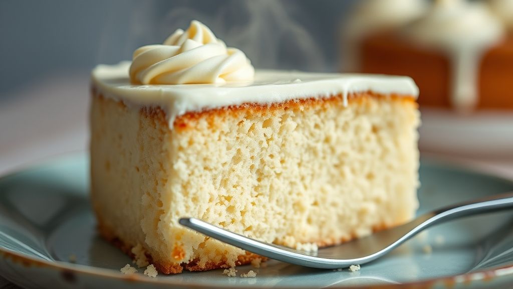 Close-up do bolo cremoso simples cortado, mostrando a textura macia e o centro úmido com brilho dourado