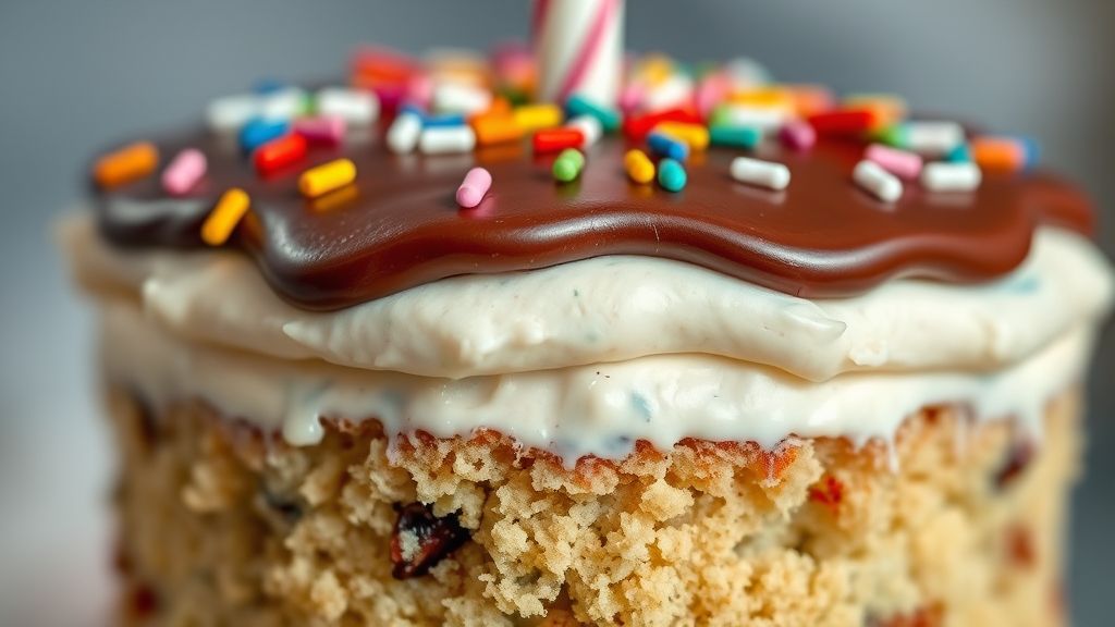 Close-up do bolo pronto com textura fofa e cobertura brilhante de brigadeiro, decorado com confeitos