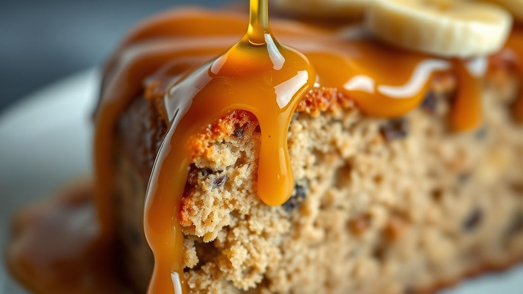 Close-up do bolo de banana com calda de caramelo escorrendo pelas laterais, destacando o brilho e a textura