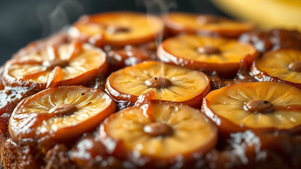 Close-up do bolo dourado mostrando o brilho do caramelo e a textura úmida das bananas