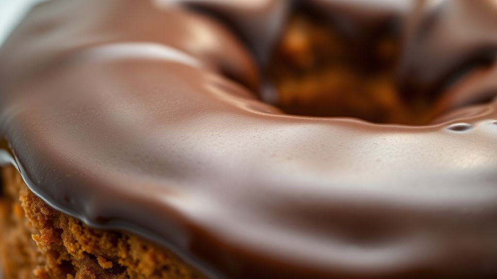 Close-up da textura úmida do bolo de cenoura com calda brilhante de chocolate escorrendo