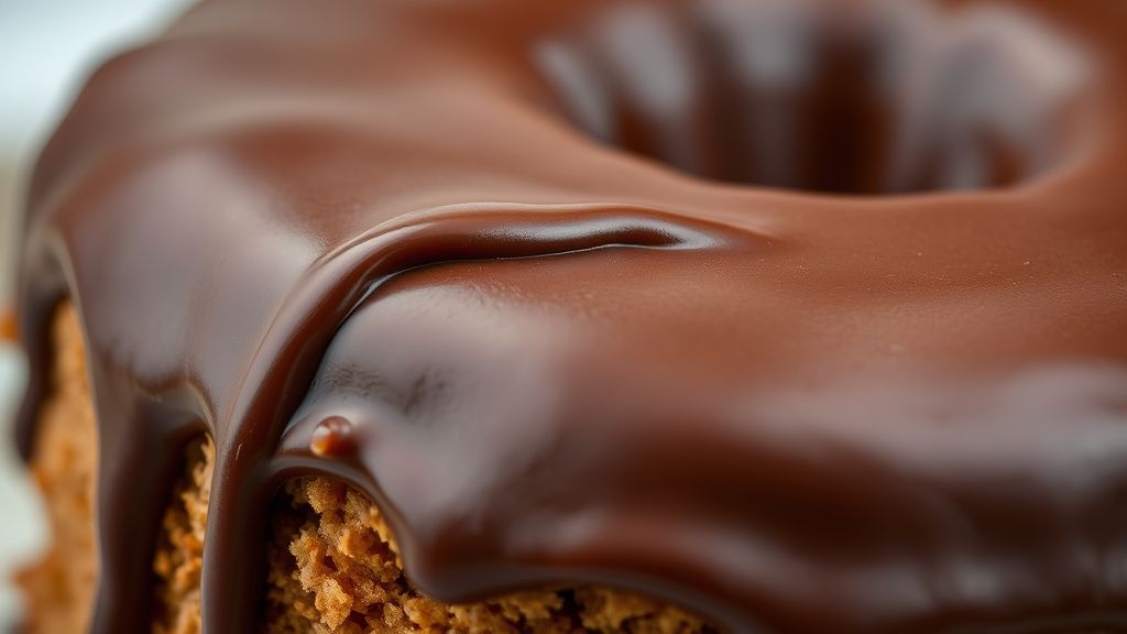 Close-up do bolo de cenoura com cobertura escorrendo, destacando a textura fofa e úmida