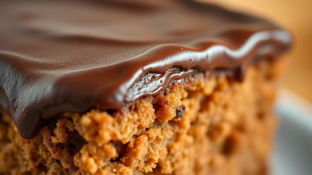 Close-up do bolo pronto com cobertura brilhante de cacau e textura úmida