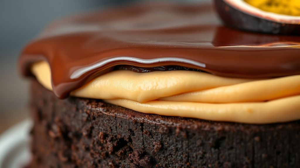 Close-up do bolo cortado mostrando o recheio cremoso e úmido de maracujá