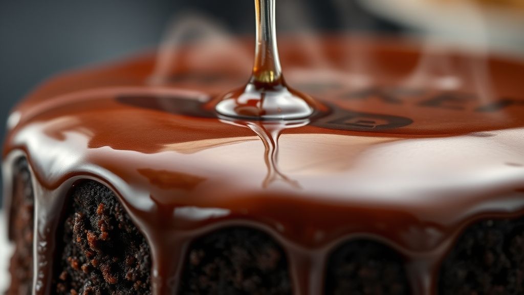 Close-up mostrando a textura úmida e a calda escorrendo sobre o bolo recém-preparado
