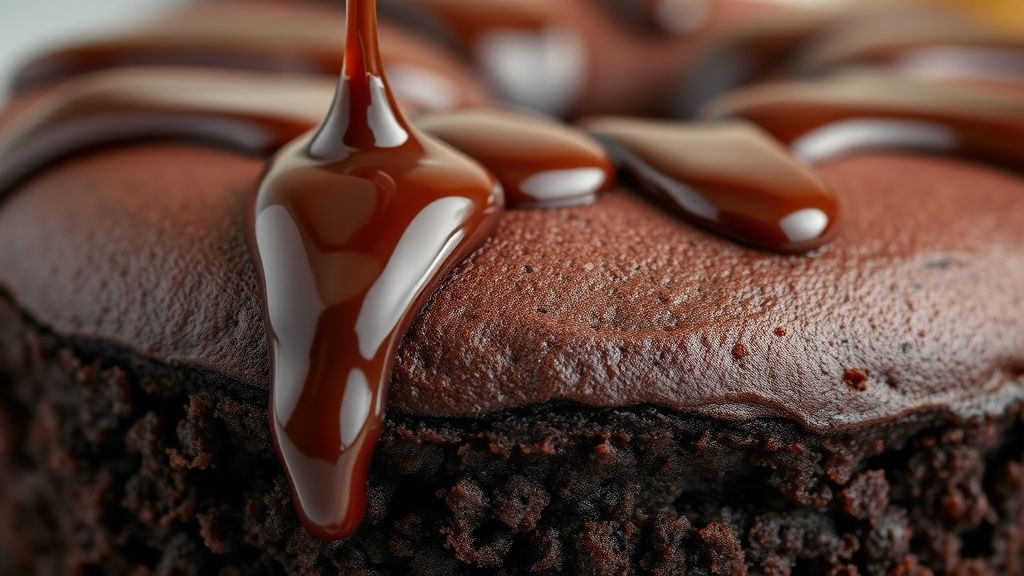 Close-up da fatia de bolo mostrando a textura úmida e a calda escorrendo