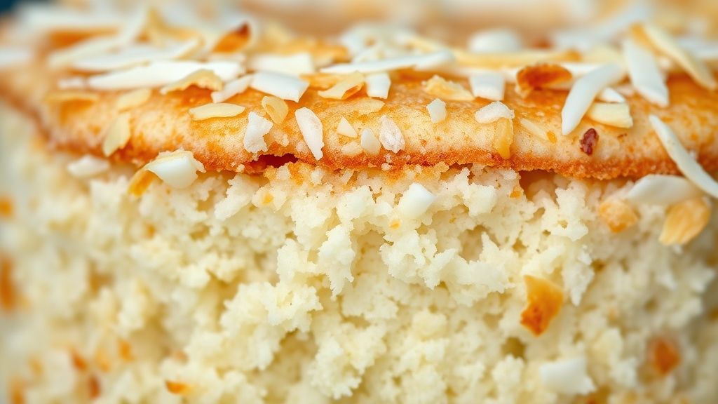 Close-up da fatia do bolo cremoso mostrando a textura úmida e o coco ralado dourado