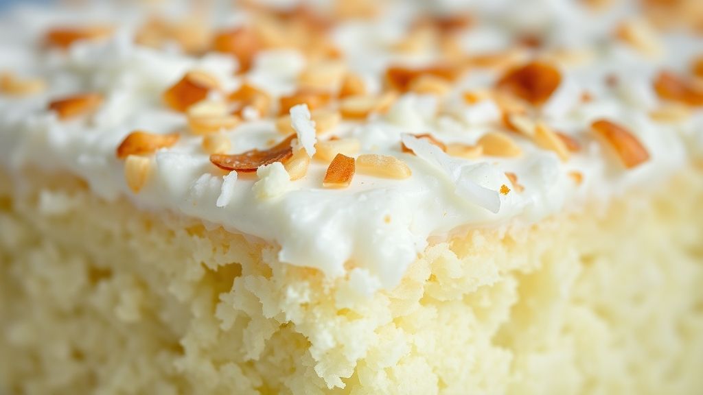 Close-up da fatia do bolo mostrando a textura úmida e a calda com coco ralado