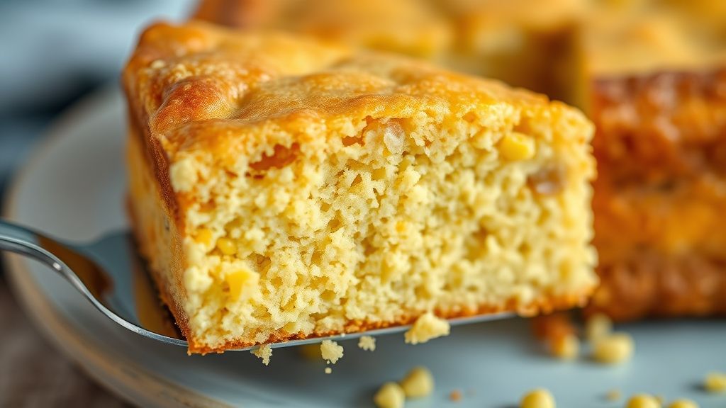 Close-up do bolo cortado, mostrando a textura úmida e dourada por dentro.
