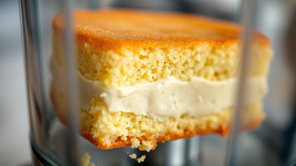 Close-up do bolo cortado mostrando a camada cremosa central e a textura fofa