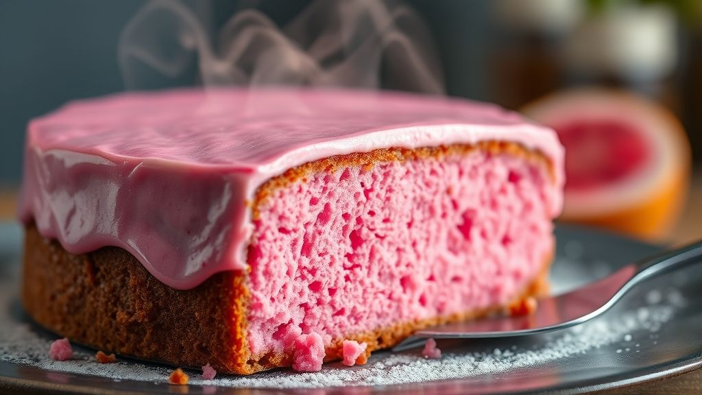 Close-up do bolo de jabuticaba mostrando a textura úmida e o tom rosado natural da massa.