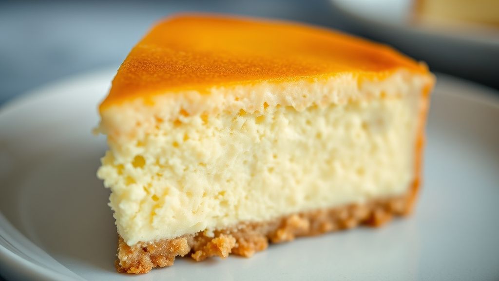 Close-up do bolo pronto destacando a textura cremosa e dourada da superfície