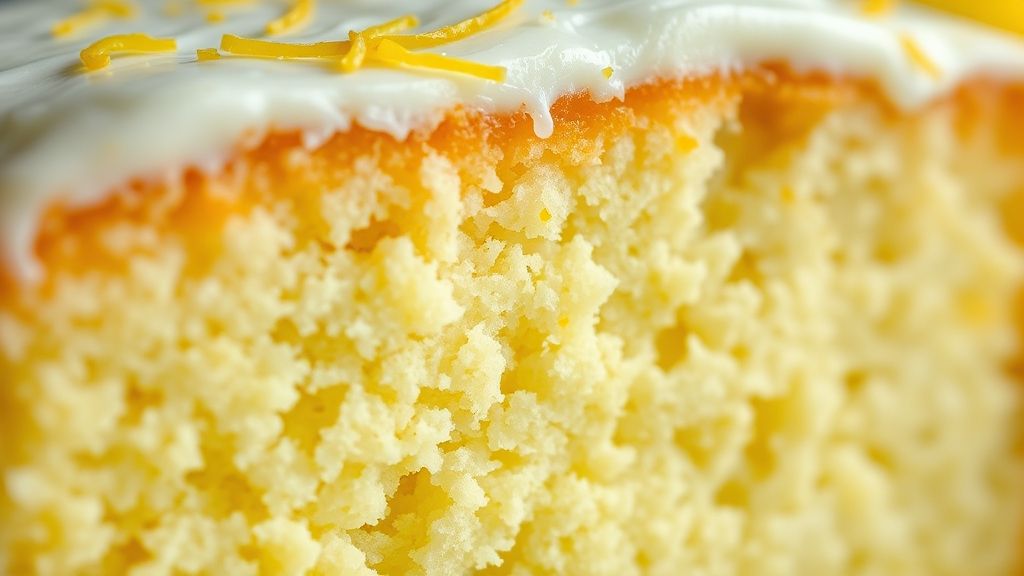 Close-up mostrando a textura macia e o brilho da cobertura cremosa do bolo de limão