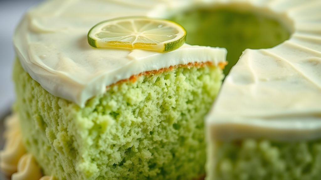 Close-up da textura fofa e úmida do bolo de limão verde cortado, destacando a cobertura cremosa