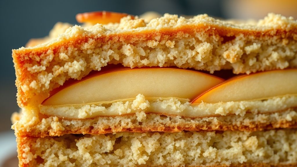 Close-up do bolo cortado, mostrando camadas de maçã dentro da massa macia