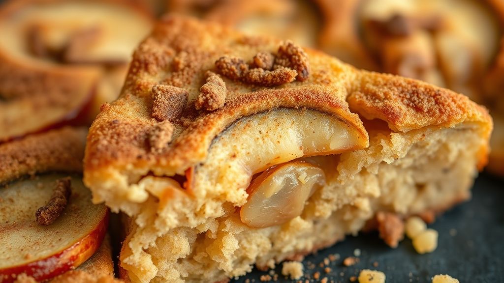 Close-up do bolo cortado mostrando textura úmida e pedaços de maçã com toque de canela