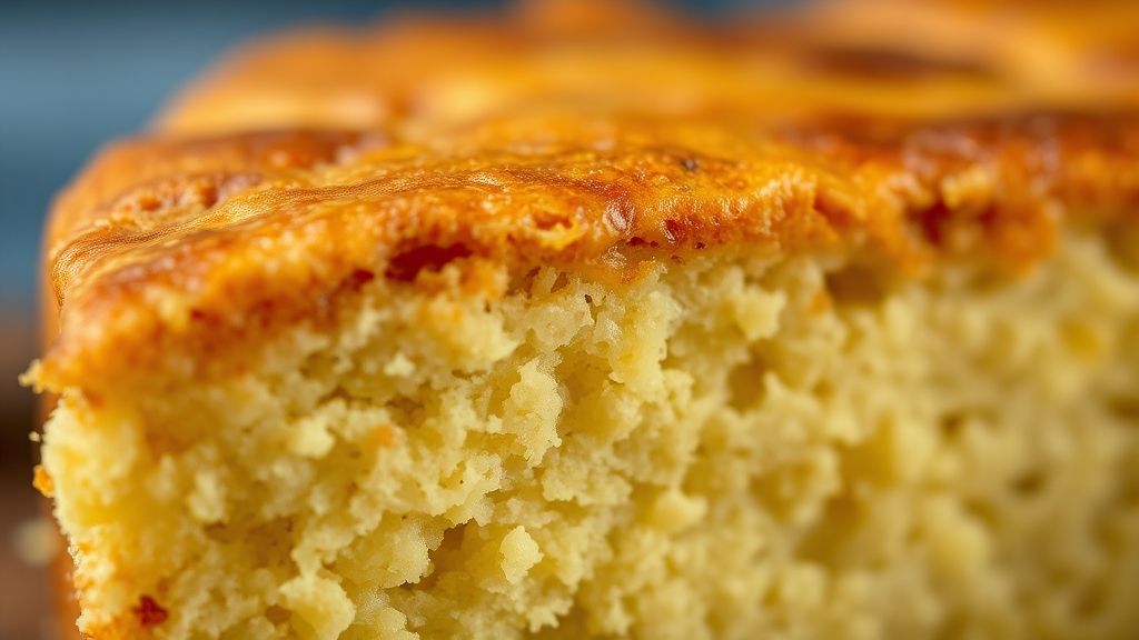 Close-up de uma fatia de bolo de mandioca da roça mostrando a textura úmida e dourada