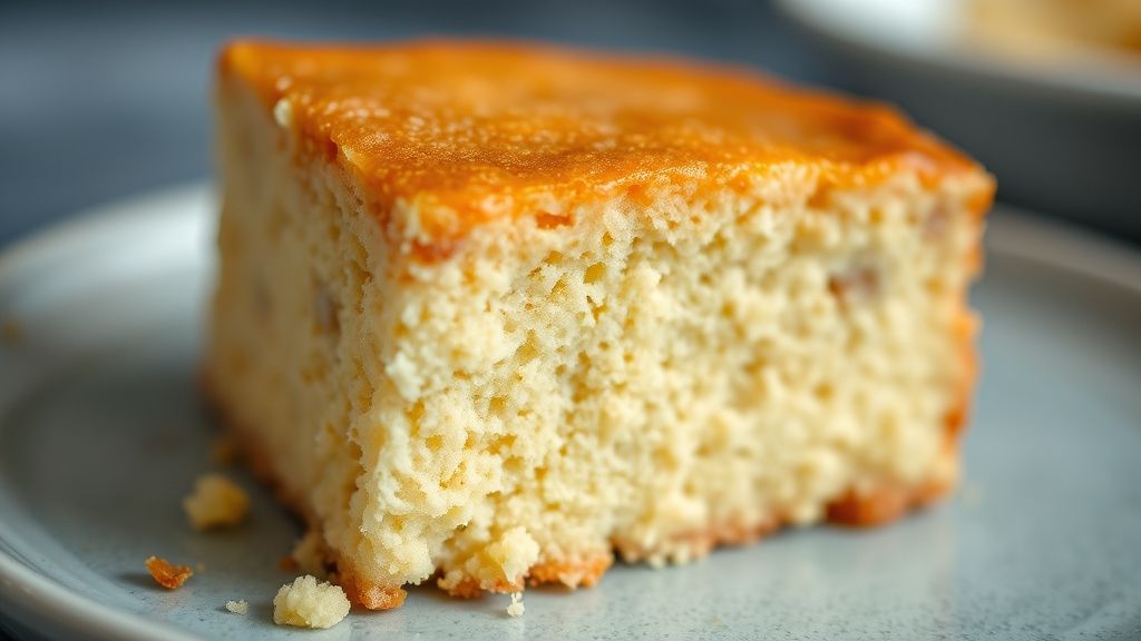 Close-up do bolo fatiado, mostrando o interior cremoso e a casquinha dourada.