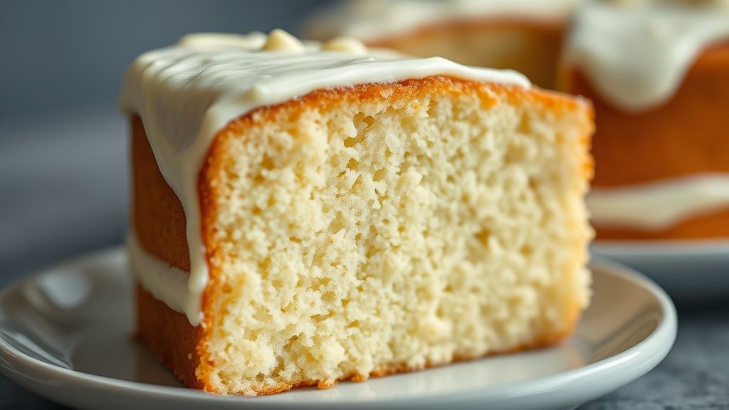 Close-up do bolo pronto, mostrando o interior fofo e dourado com textura perfeita