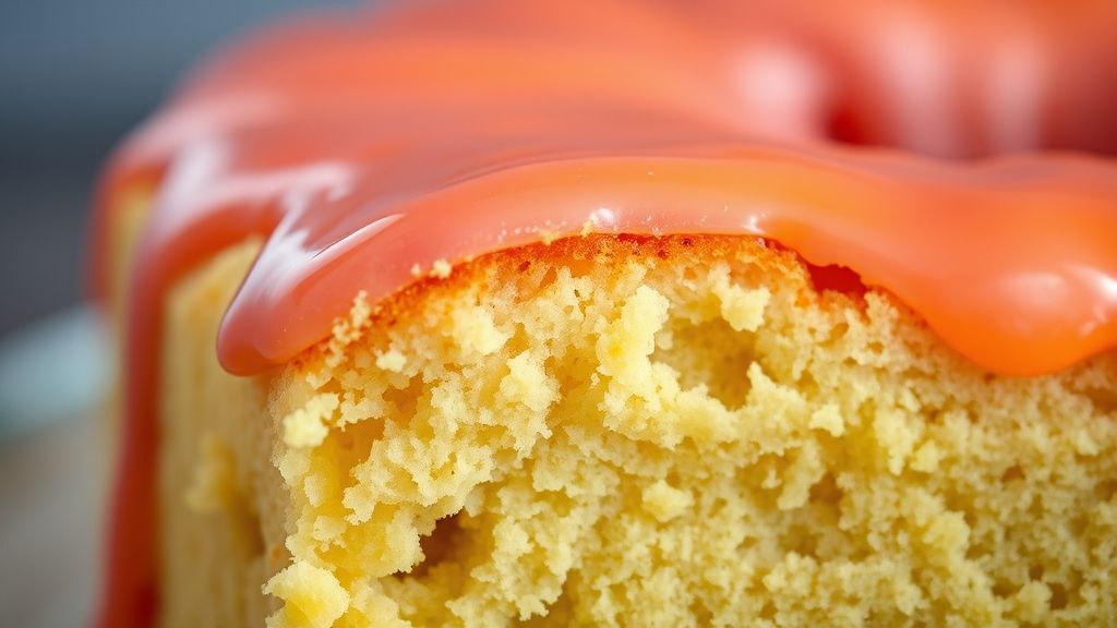 Close-up do bolo pronto com calda escorrendo e textura leve destacada