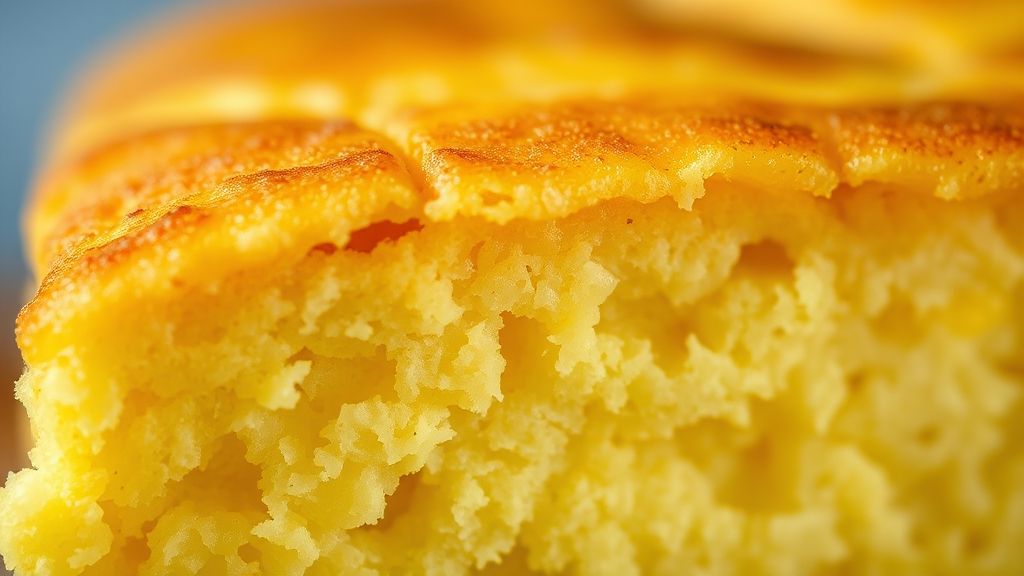 Close-up do bolo de milho fofinho cortado, mostrando textura úmida e cor dourada.