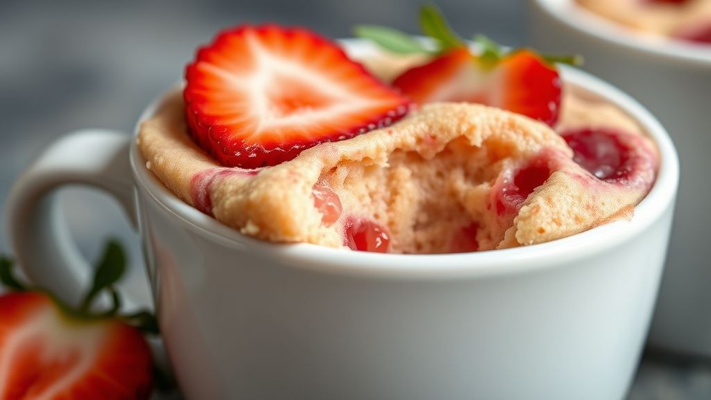 Close-up do bolo de morango na caneca mostrando sua textura fofa e pedaços de morango