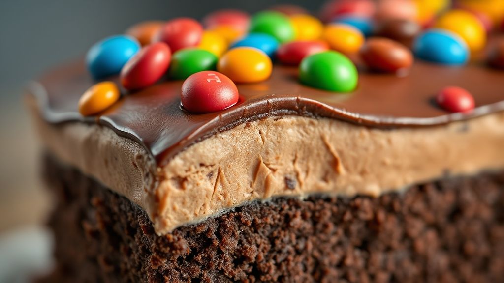 Close-up mostrando a textura cremosa e os confeitos coloridos do bolo Kit Kat finalizado