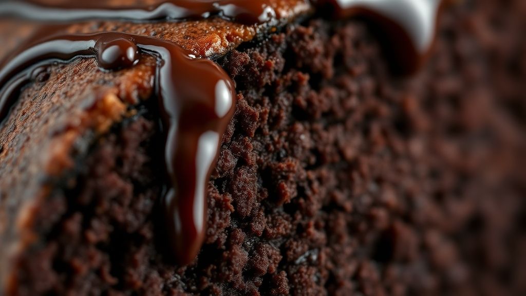 Close-up mostrando a textura úmida e fatiada do bolo com calda de chocolate escorrendo