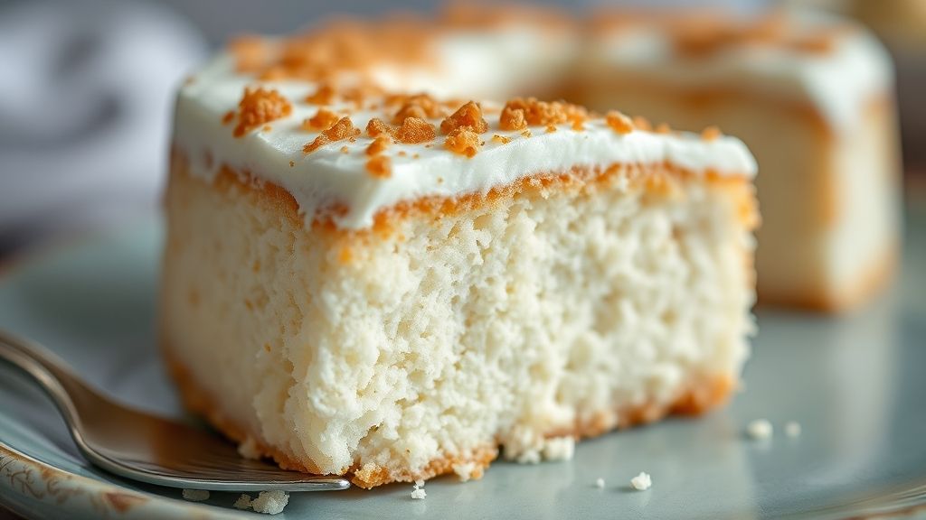 Close-up do bolo nuvem cortado, mostrando textura leve e aerada no interior