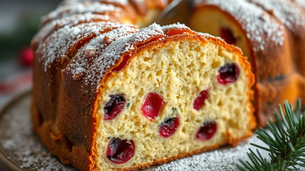 Close-up do bolo panetone cortado, mostrando textura fofa e frutas coloridas no interior