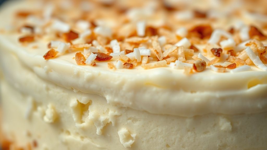 Close-up do bolo pega marido cremoso, destacando textura úmida e cobertura de coco dourada