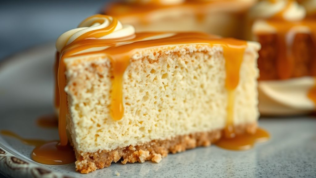 Close-up do bolo fatiado, textura cremosa visível, doce de leite escorrendo pela cobertura