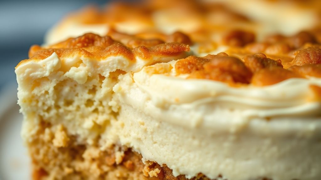 Close-up do bolo fatiado, destacando a textura cremosa e o brilho da calda