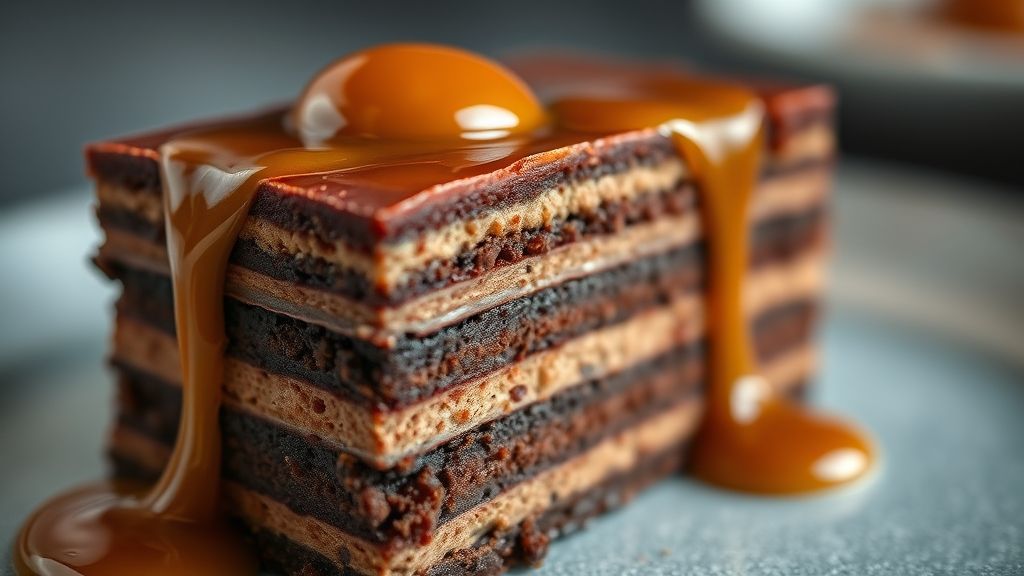 Close-up mostrando o corte do bolo pudim de chocolate, destacando o contraste das camadas e a calda brilhante
