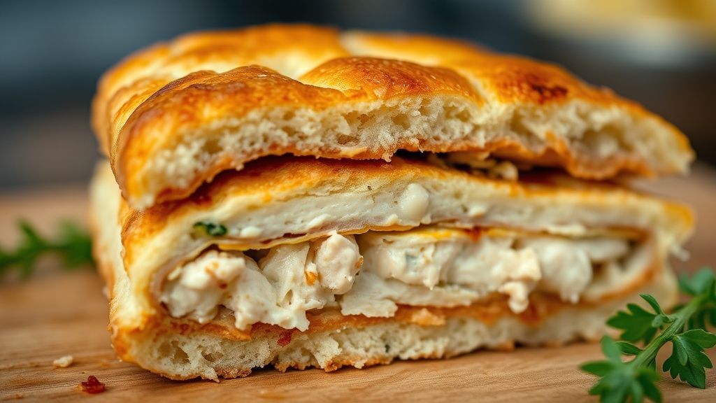 Close-up do bolo salgado de frango cortado, mostrando as camadas de pão e recheio cremoso