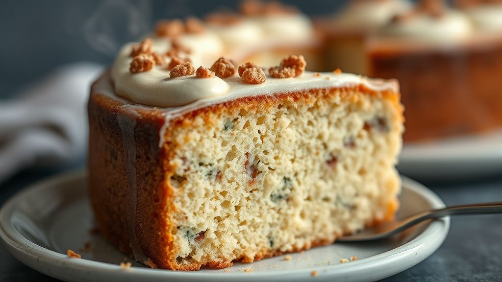 Close-up de uma fatia do bolo sem óleo mostrando a textura úmida e as bordas douradas