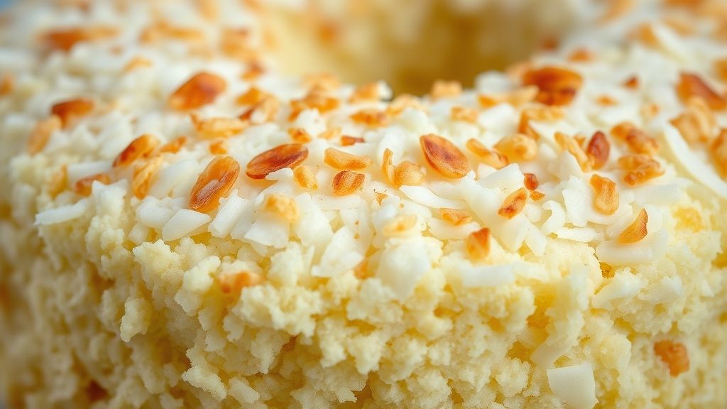 Close-up do bolo toalha felpuda cortado, mostrando a textura úmida, o coco ralado por cima e o brilho da calda.