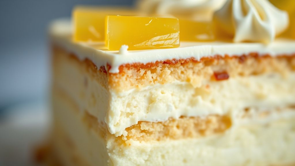 Close-up do interior do bolo mostrando as camadas macias e o recheio trufado de abacaxi.