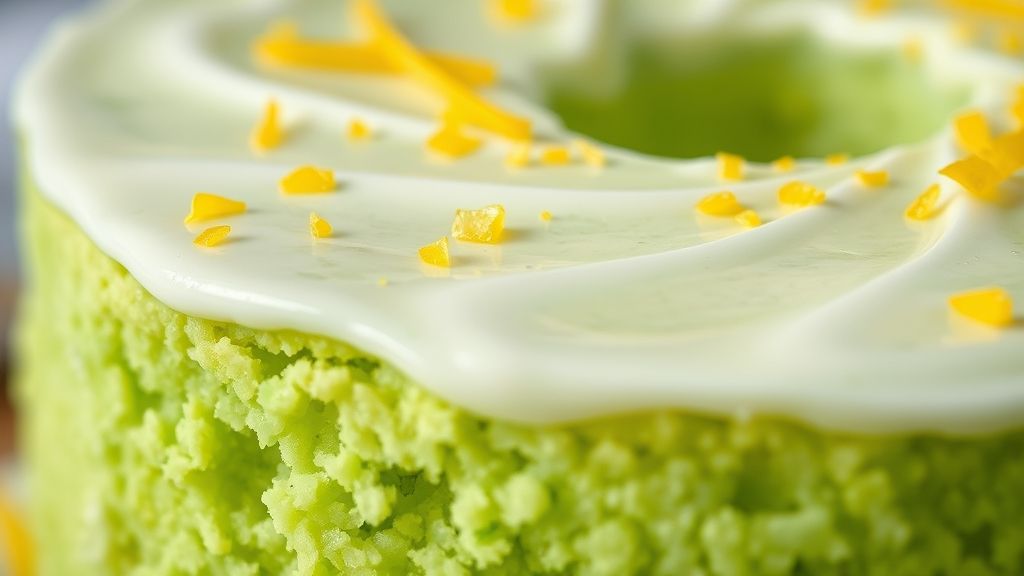 Close-up do bolo verde com cobertura branca e raspas de limão, mostrando a textura úmida e macia