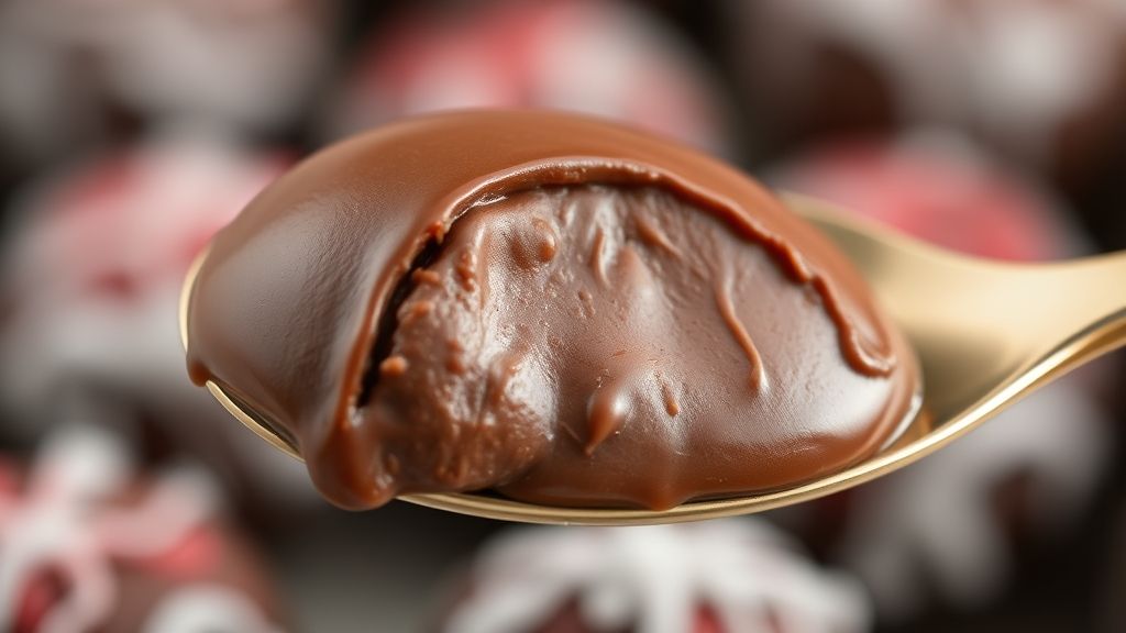 Close-up do brigadeiro pronto em potinho, mostrando textura brilhante e cremosa